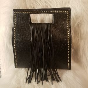 BLACK FRINGE ACCENTED HAND TOTE